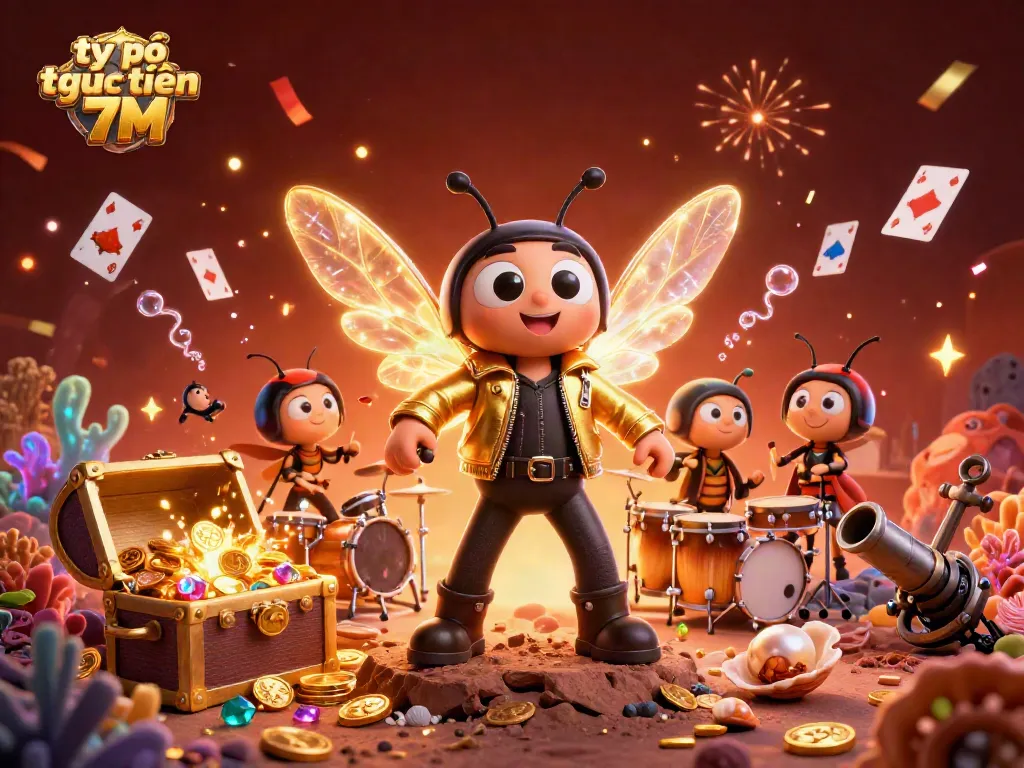 Experience the thrill of tỷ số trực tuyến 7M with vibrant casino-themed illustrations featuring a rock star and lively characters.
