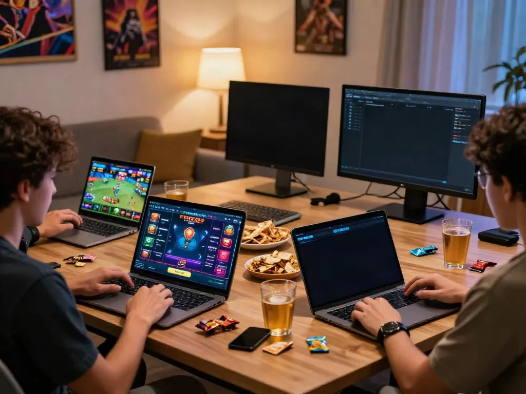 Online gaming experience with FIVE88 on smartphone and laptop in a cozy living room setting