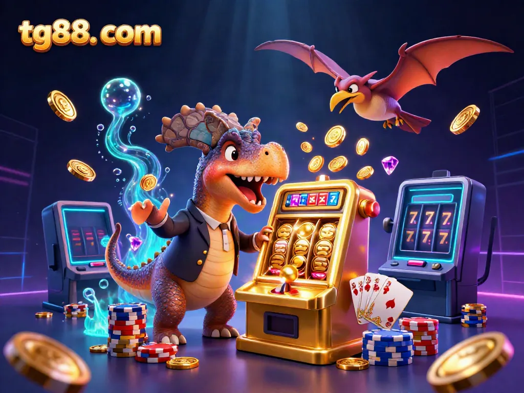 Engage in excitement at tg88. com with a colorful 3D scene featuring dinosaurs delighting in jackpot wins!