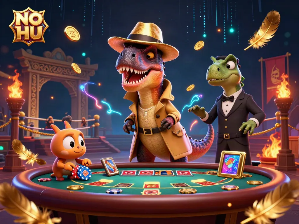 Experience the vibrant world of NO HU with a velociraptor card counter in a lively casino scene.