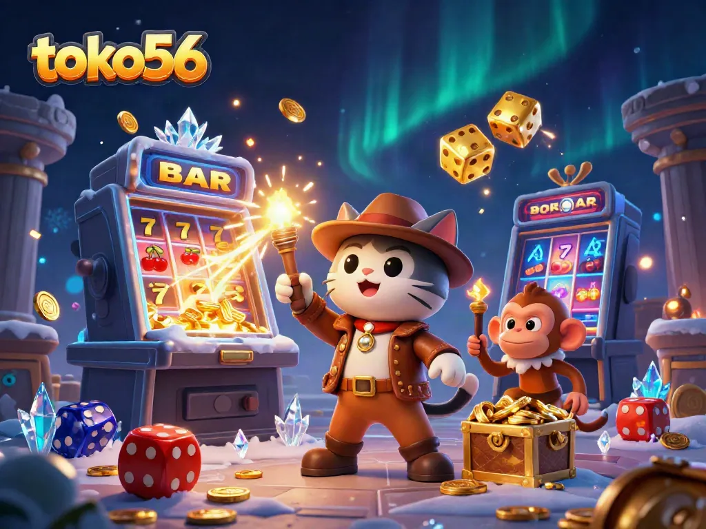 Experience excitement at toko56 with a 3D cartoon archaeologist cat discovering treasures amidst casino elements.