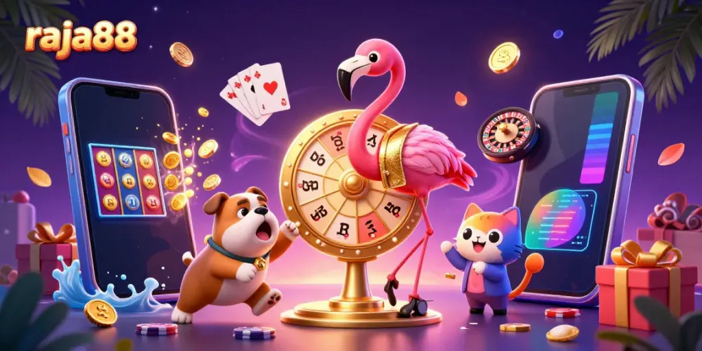 Experience excitement at raja88 featuring a colorful slot game and a dynamic game show scene.