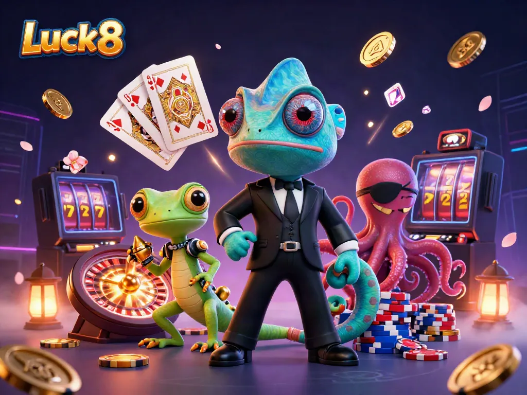 Experience the vibrant excitement of Luck8 with a dynamic casino scene filled with animated characters and sparkling game elements.