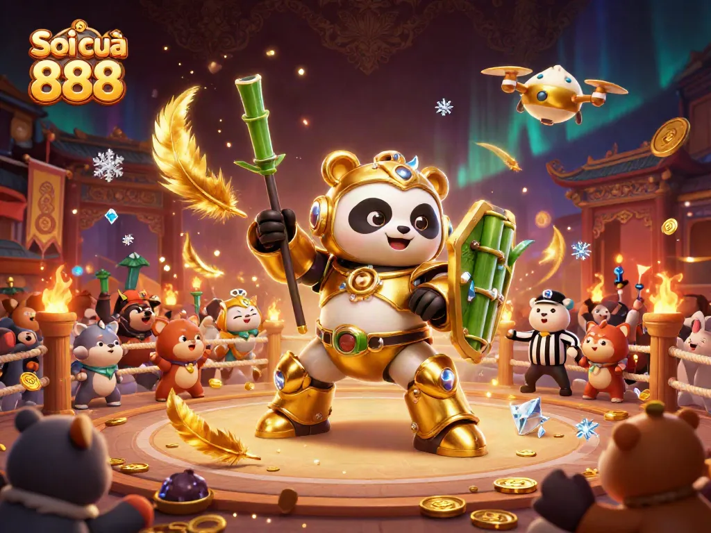 Soi cầu 888 features a golden panda mech pilot and bamboo robot in a lively arena