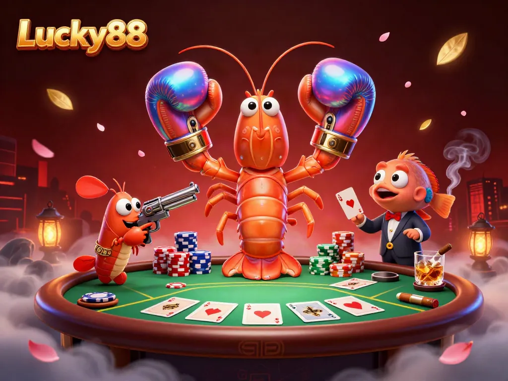 Engage in the excitement of Lucky88 with dynamic poker action featuring a colorful mantis shrimp and an energetic atmosphere.