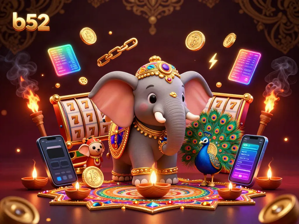 Engage with b52 in an exciting casino atmosphere featuring a Diwali-themed elephant, slot elements, and crypto coins.