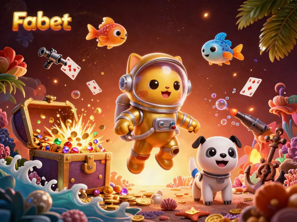 Experience thrilling gameplay at Fabet with a dynamic 3D cartoon scene featuring a space cat and more.