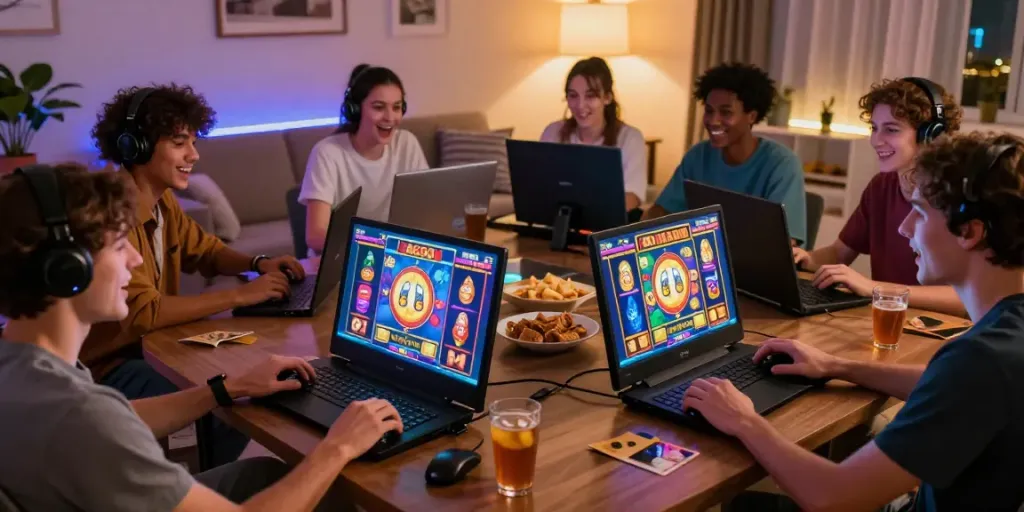 Online gaming with players excitedly participating in slot gacor games in a vibrant, casual setting.