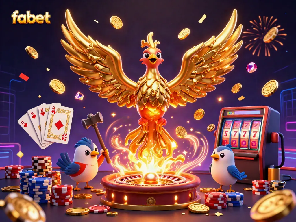 Bet on fabet with a dynamic 3D illustration showcasing a golden phoenix amidst casino elements.