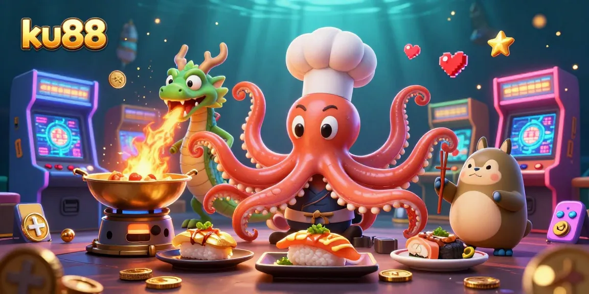 Experience thrilling gaming action at ku88 with a vibrant, dynamic casino scene featuring an octopus chef.