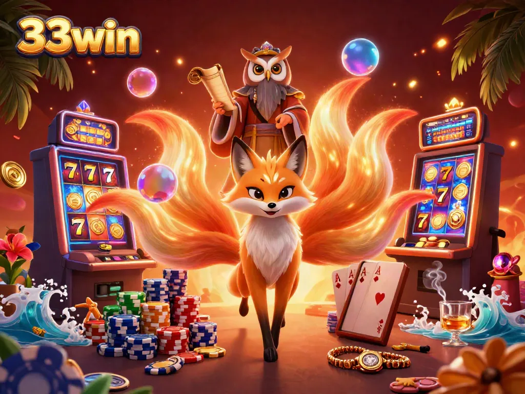 Engage with the vibrant 33win casino scene featuring a magical fox and wise owl among slot machines and poker chips.