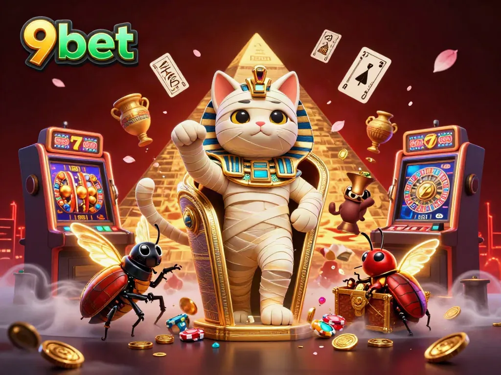 Experience the excitement of 9bet with a vibrant Egyptian-themed casino scene filled with dynamic gaming elements.