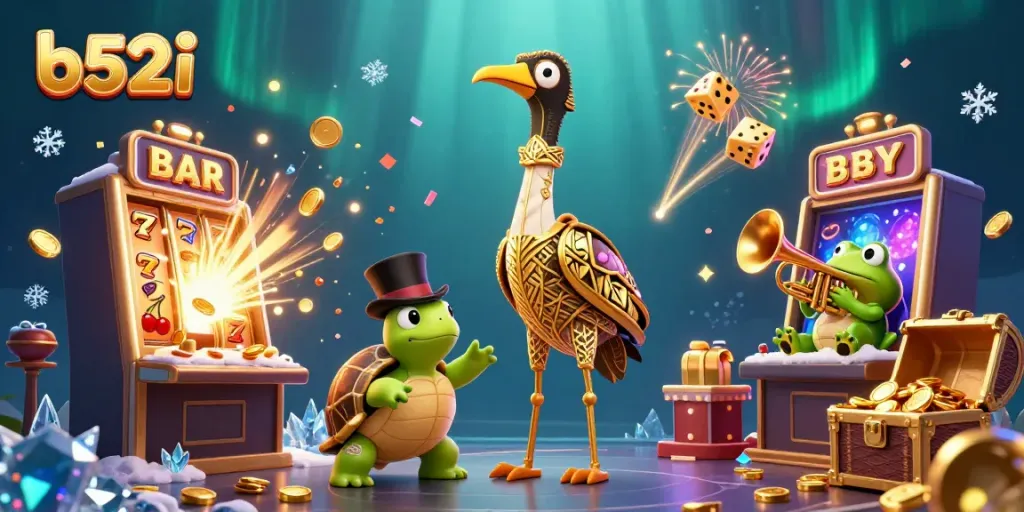 Experience the vibrant excitement of b52i with a 3D illustration of unique casino characters amidst a jackpot explosion.