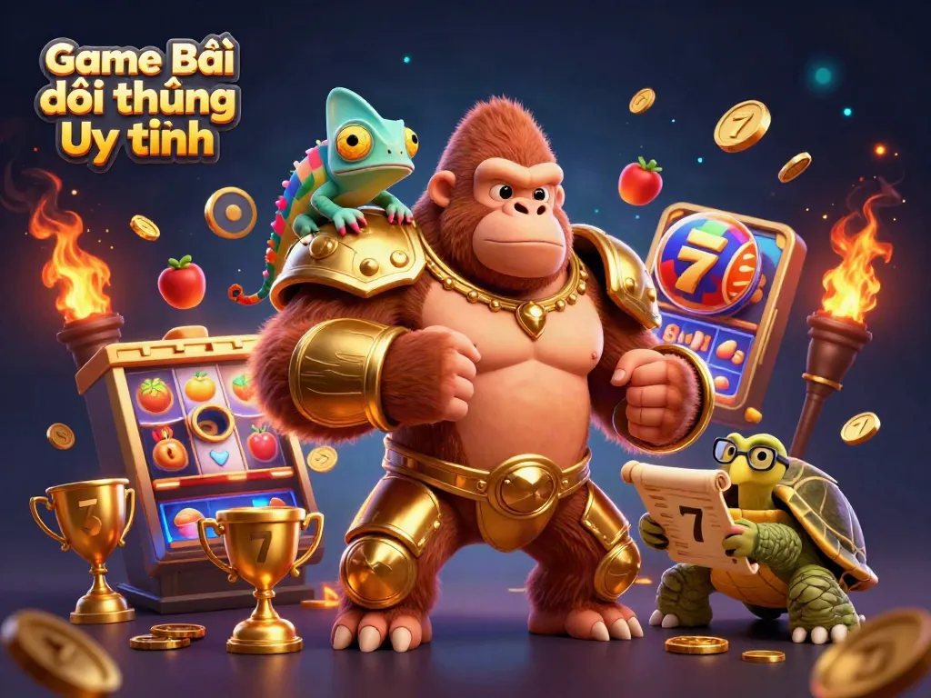 Engage in Game Bài Đổi Thưởng Uy Tín with a powerful gorilla, chameleon, and tortoise surrounded by spinning slots and jackpot elements.