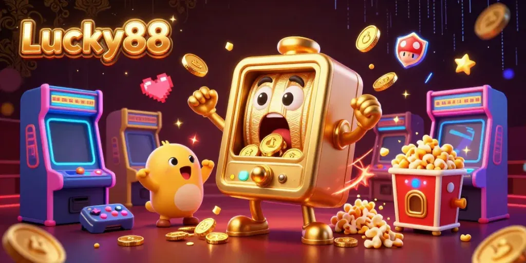 Spin to win at Lucky88 with animated slot machines and a lively casino atmosphere.