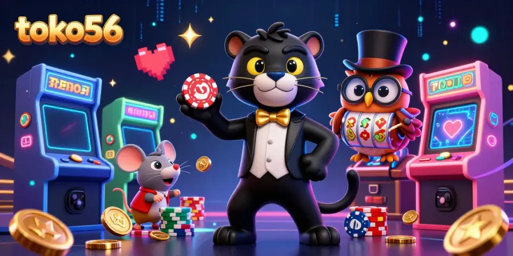 Engaging scene featuring toko56's black panther dealer amidst colorful slot game elements, enhancing player excitement.