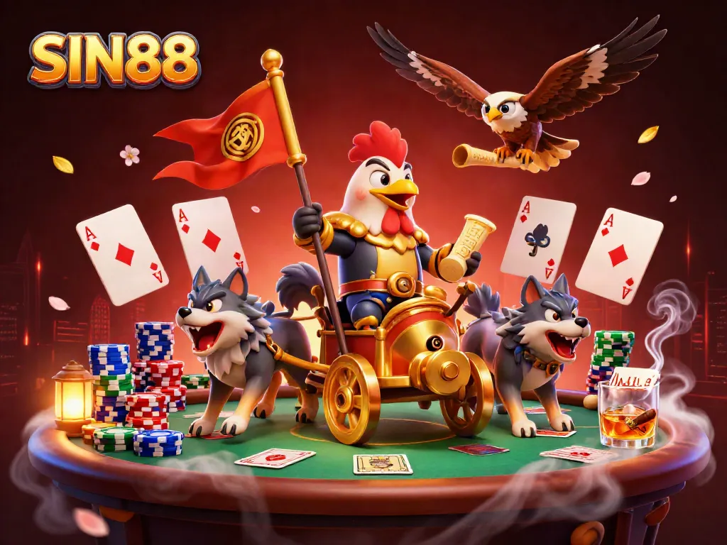SIN88 showcases thrilling poker action with a dynamic cartoon rooster warlord and an array of vibrant casino elements.