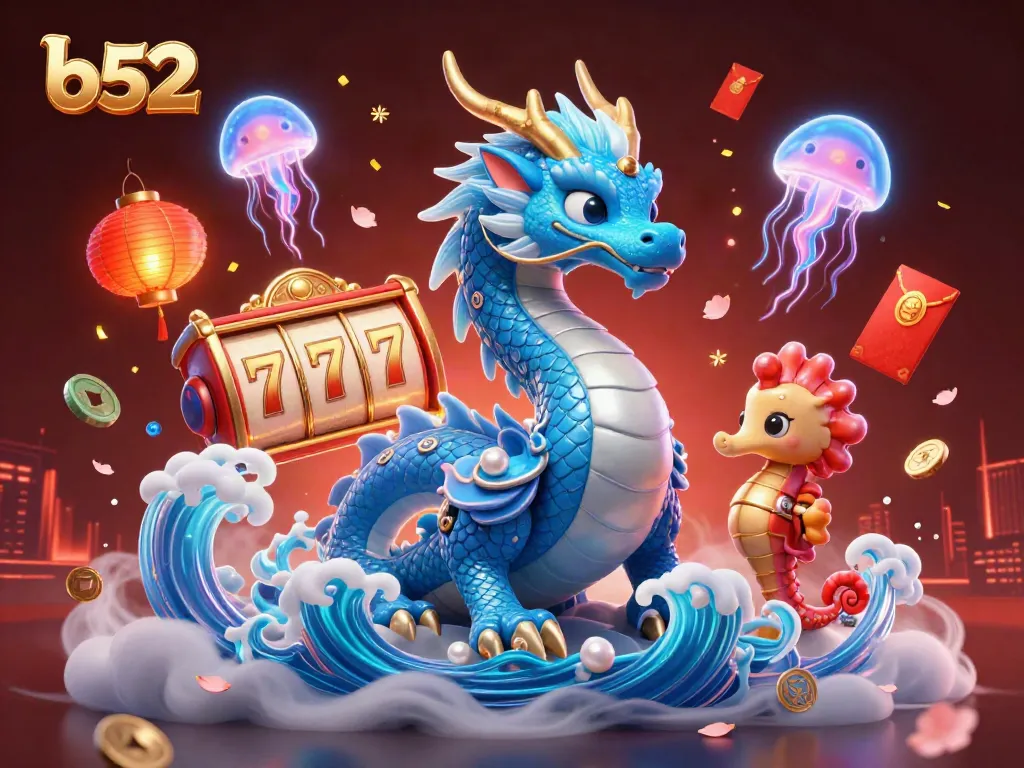 b52-themed casino scene with a dragon, seahorse knight, and neon jellyfish celebrating wins.