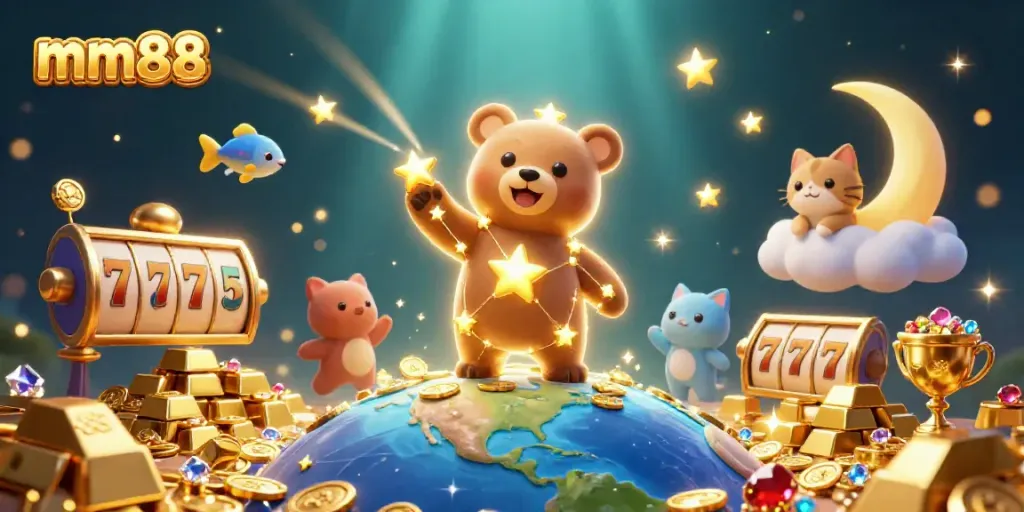 Engage with mm88 as shooting fish companions swim around the constellation bear exploring a treasure-filled scene.