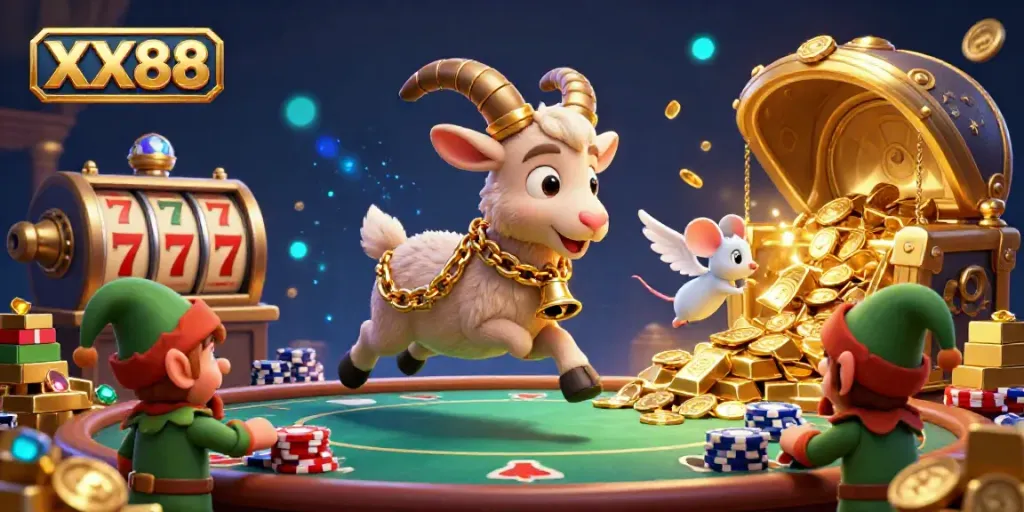 Witness the competitive spirit at XX88 casino with cartoon characters interacting over slot reels and treasures.